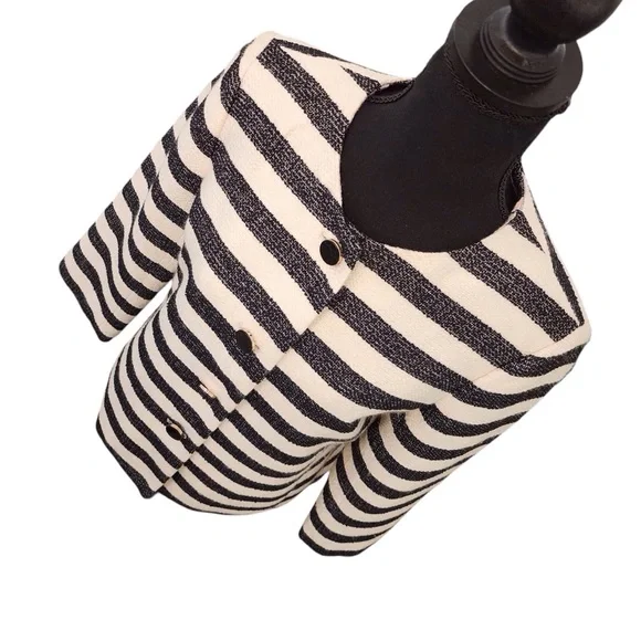 TALBOTS Tweed Woven Blazer Jacket 8 Ladies Cream Black Striped Work Career Coat - Picture 3 of 14